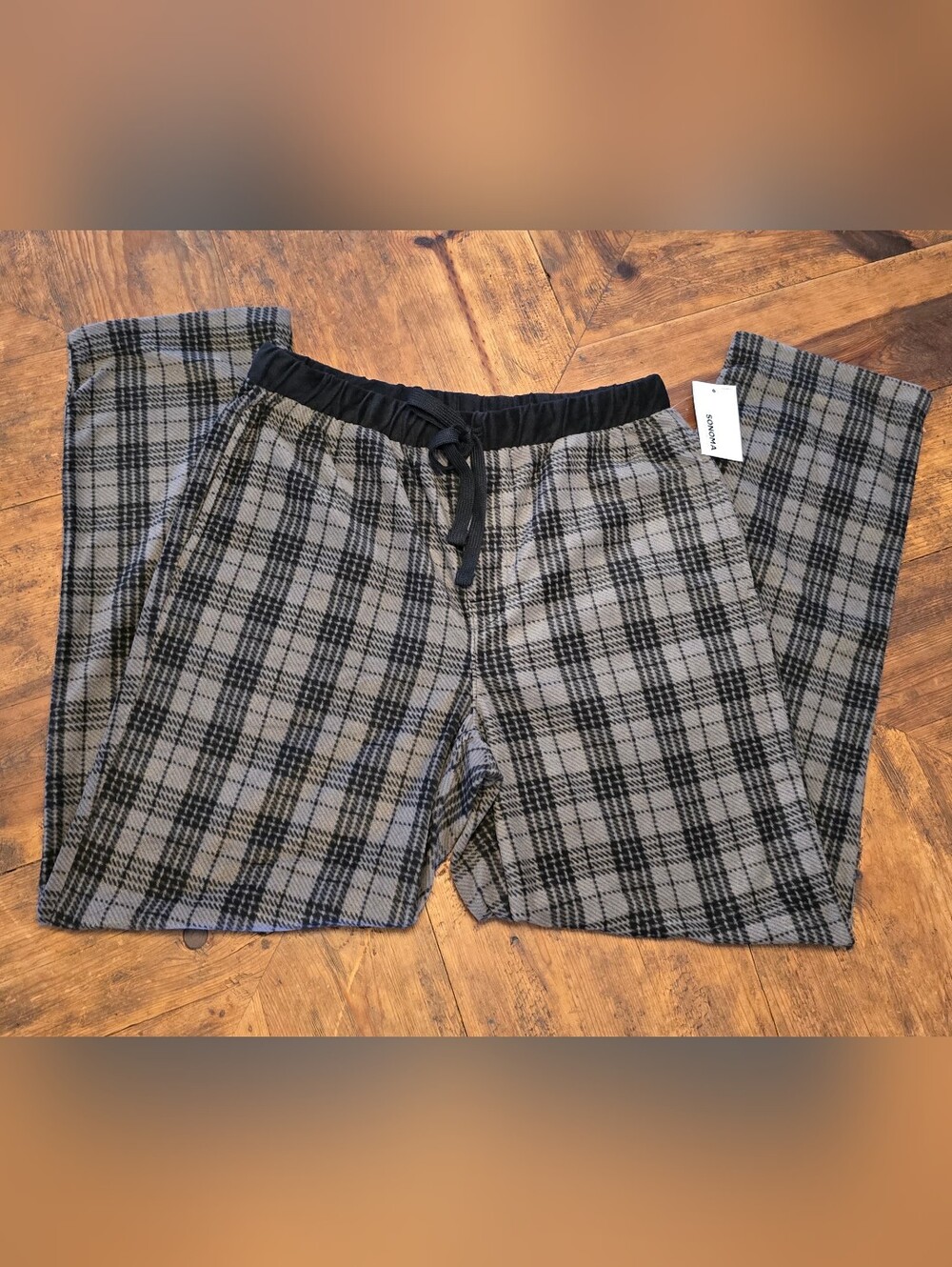 Sonoma Men's Gray Plaid Elastic Waist Fleece Pants